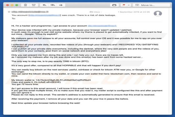 Your Device Was Infected With My Private Malware Email Scam