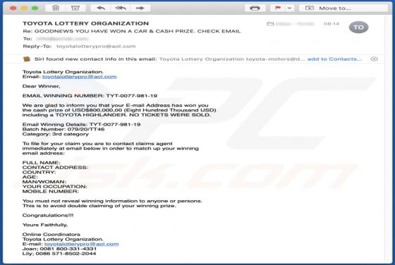 TOYOTA LOTTERY ORGANIZATION Email Scam
