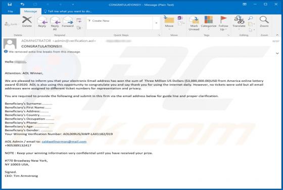 AOL Winner Email Scam