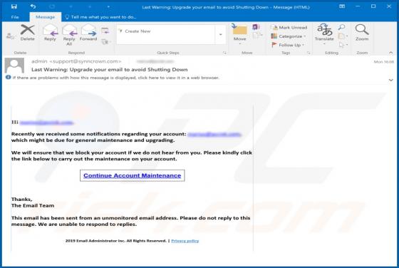Last Warning: Upgrade Your Email To Avoid Shutting Down Email Scam