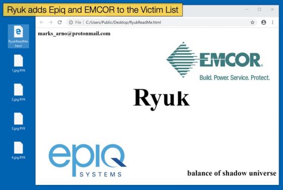 Ryuk adds Epiq and EMCOR to the Victim List