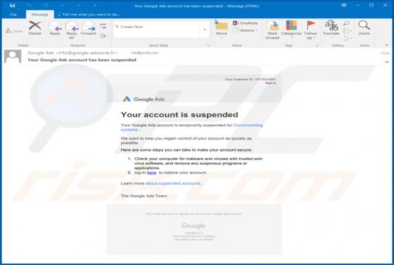 Your Google Ads Account Has Been Suspended Email Scam