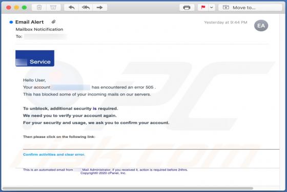 Your Account Has Encountered An Error 505 Email Scam