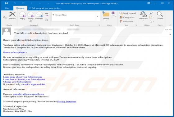 Your Microsoft Subscription Has Been Expired Email Scam