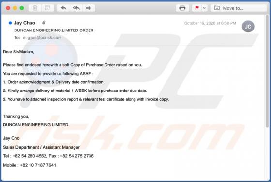 DUNCAN ENGINEERING LIMITED ORDER Email Virus