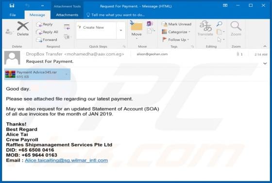 Request For Payment Email Virus