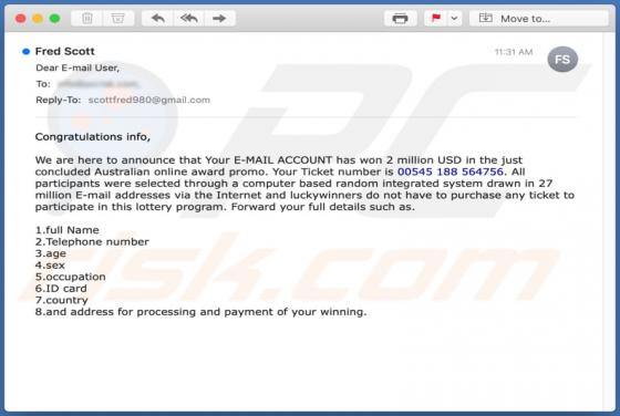 Australian Online Award Promo Email Scam