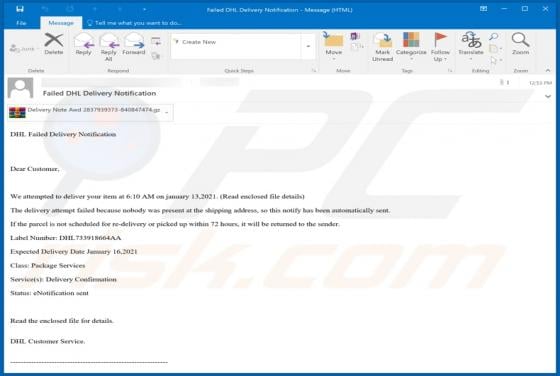 DHL Failed Delivery Notification Email Virus