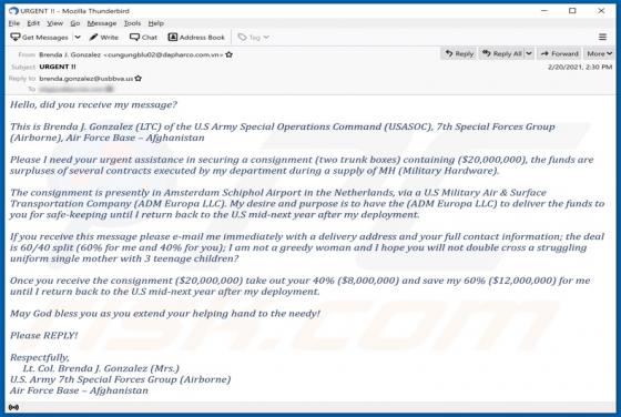 U.S Army Special Operations Command Consignment Email Scam
