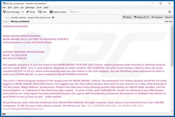 MOBI GRAND TELECOM Lottery Email Scam