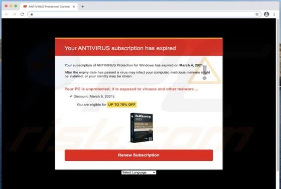 Your ANTIVIRUS Subscription Has Expired POP-UP Scam