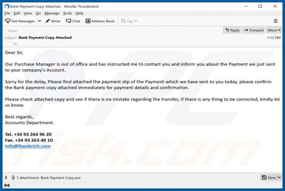 Bank Payment Copy Email Virus