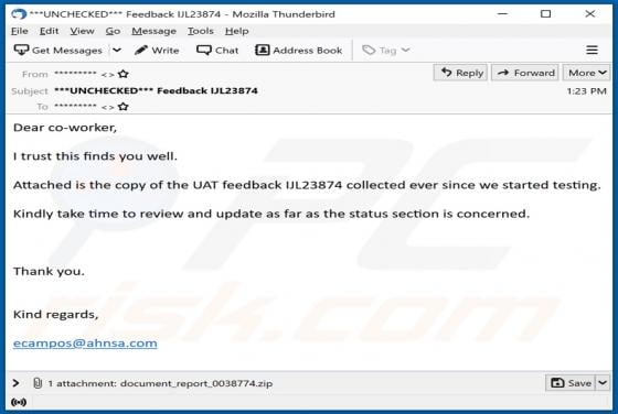 UAT Feedback Email Virus