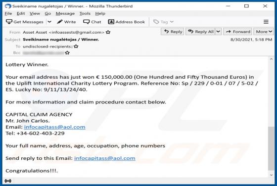 Uplift International Charity Lottery Program Email Scam