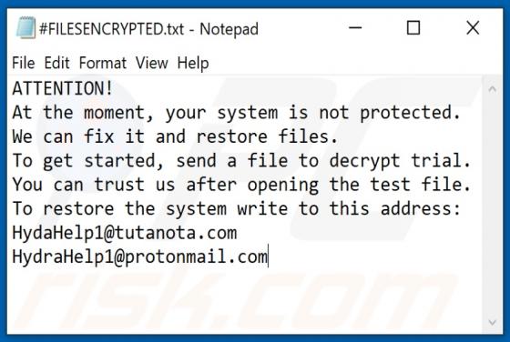 HYDRA (HydaHelp1@tutanota.com) Ransomware