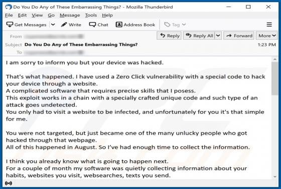 I Am Sorry To Inform You But Your Device Was Hacked Email Scam