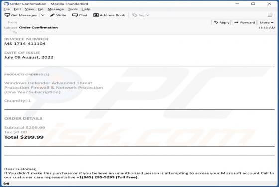 Windows Defender Subscription Email Scam