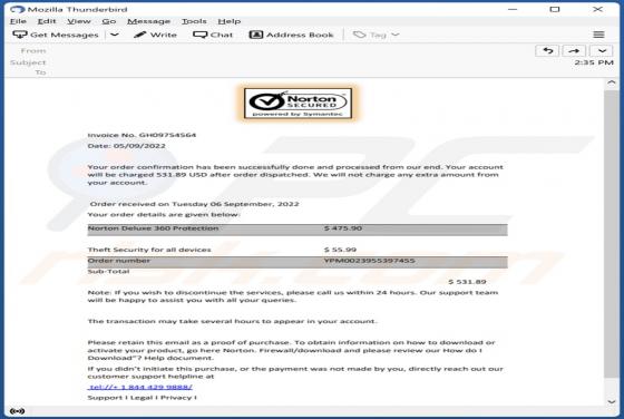 Norton Order Confirmation Email Scam