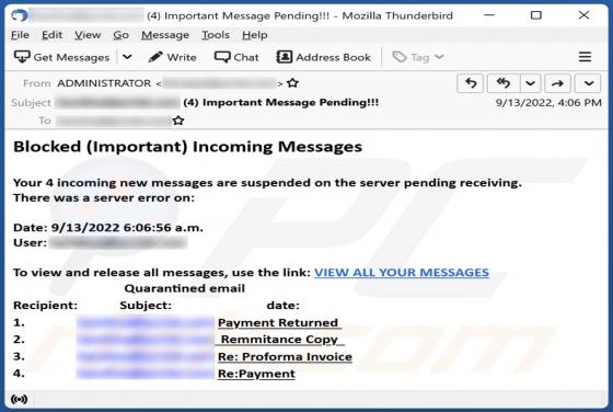 Blocked (Important) Incoming Messages Email Scam