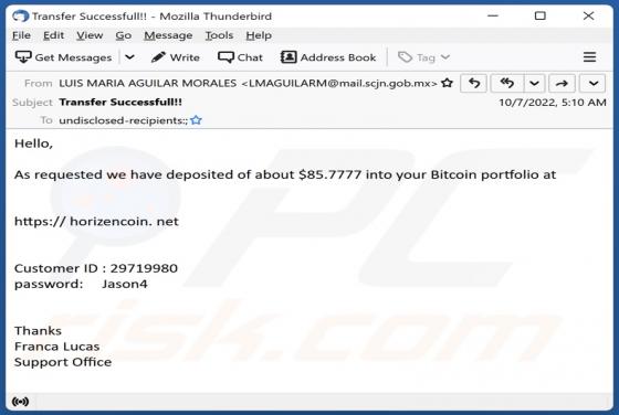 Deposited Into Your Bitcoin Portfolio Email Scam