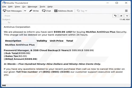 Payment For McAfee Subscription Email Scam
