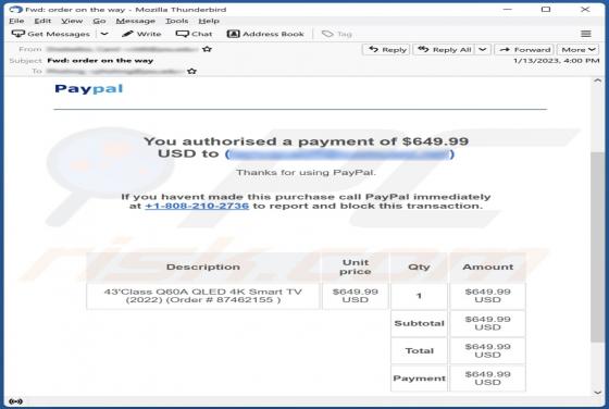 PayPal - You Authorised A Payment Email Scam