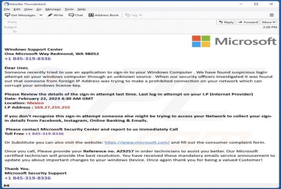 Suspicious Login Attempt On Your Windows Computer Email Scam