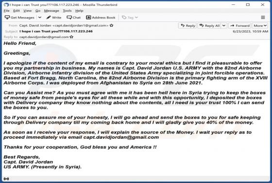 Boxes Of Money Email Scam