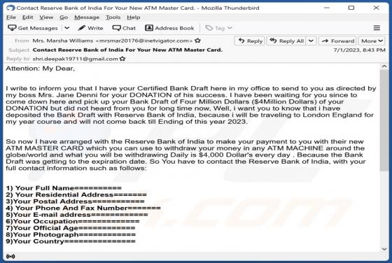 Bank Draft Email Scam