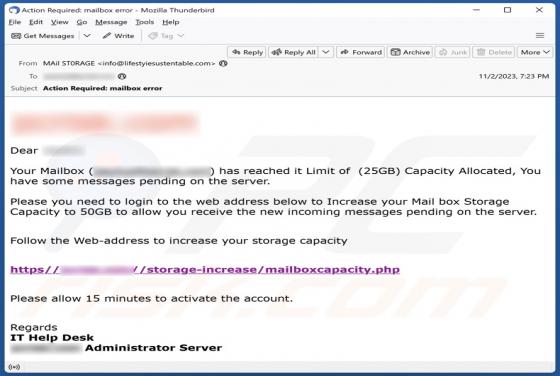 Increase Your Mail Box Storage Capacity Email Scam