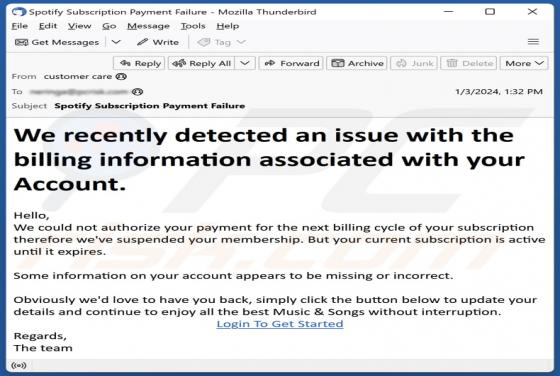 Issue With The Billing Information Email Scam