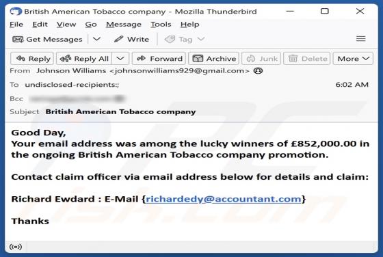 British American Tobacco Company Promotion Email Scam