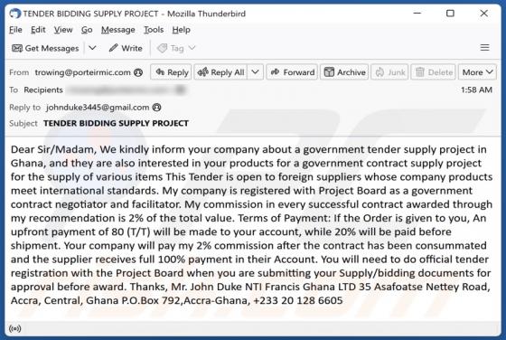 Government Tender Supply Project In Ghana Email Scam