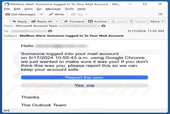 Outlook - Someone Logged Into Your Mail Account Scam