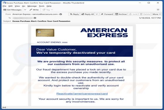 American Express Card Deactivation Email Scam