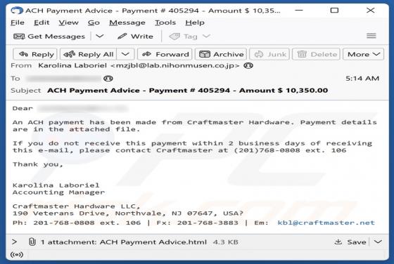 ACH Payment From Craftmaster Hardware Email Scam