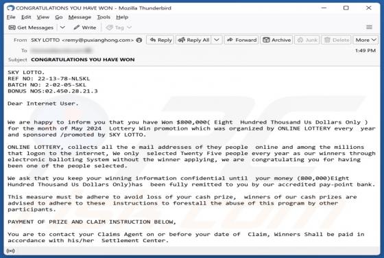 SKY LOTTO Email Scam