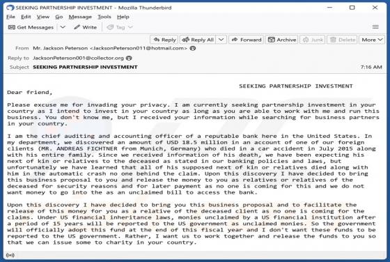 Seeking Partnership Investment Email Scam