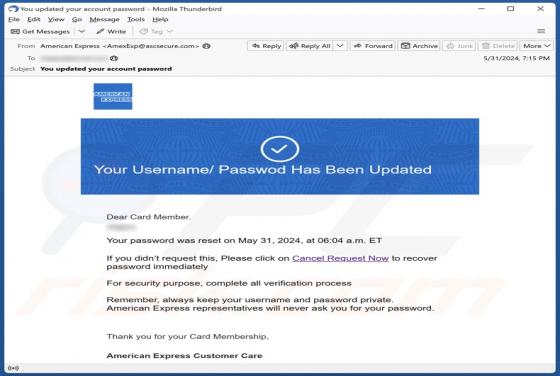 American Express - Username/Password Has Been Updated Email Scam