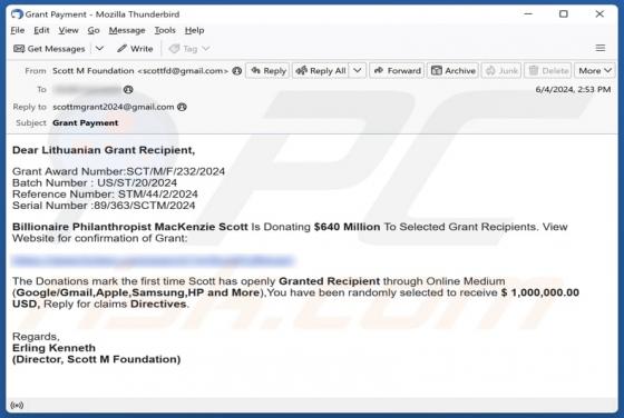 Donation To Selected Grant Recipients Email Scam