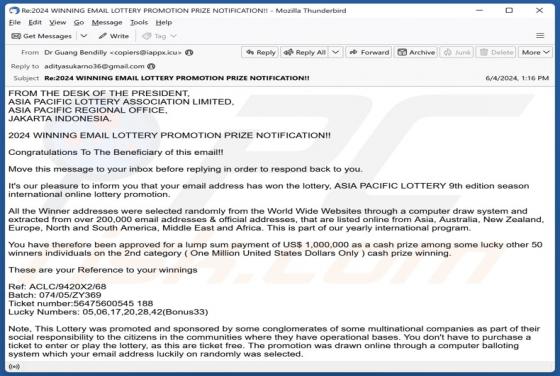 Asia Pacific Lottery Email Scam