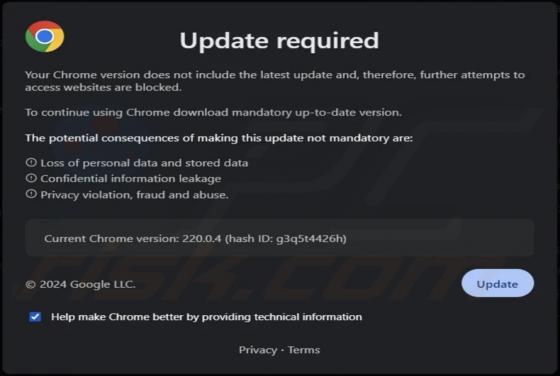 Your Chrome Version Does Not Include The Latest Update POP-UP Scam
