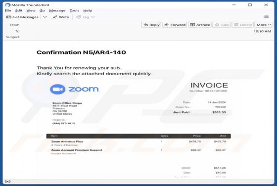 Zoom Antivirus Plus Subscription Email Scam