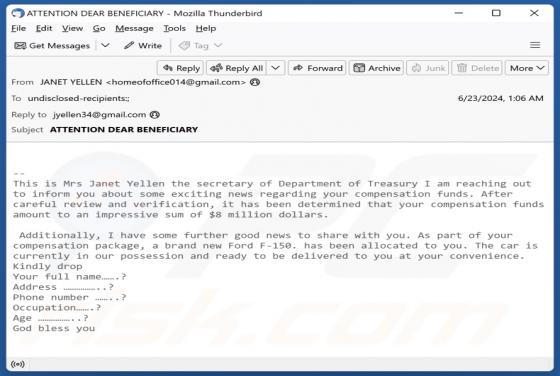 Department Of Treasury - Compensation Funds Email Scam