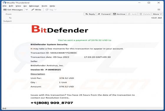 Payment For Bitdefender Email Scam