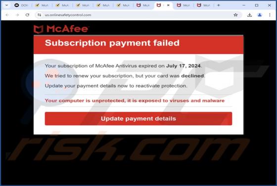 McAfee - Subscription Payment Failed POP-UP Scam