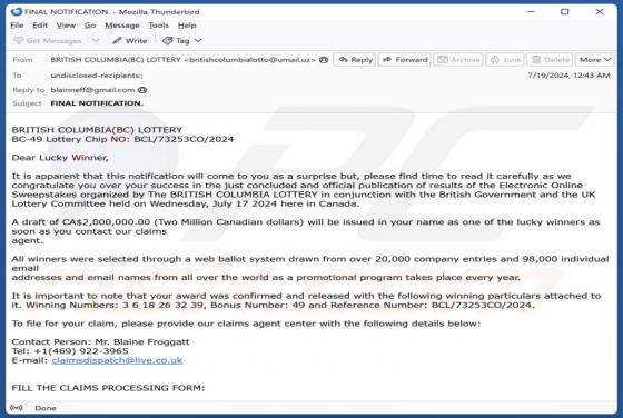 British Columbia Lottery Email Scam