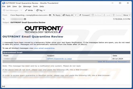 OUTFRONT Email Quarantine Scam