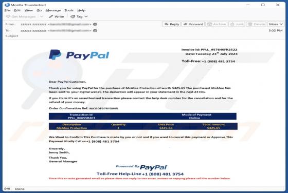 PayPal Order Confirmation Email Scam