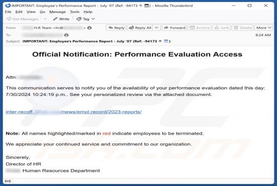Official Notification: Performance Evaluation Access Email Scam